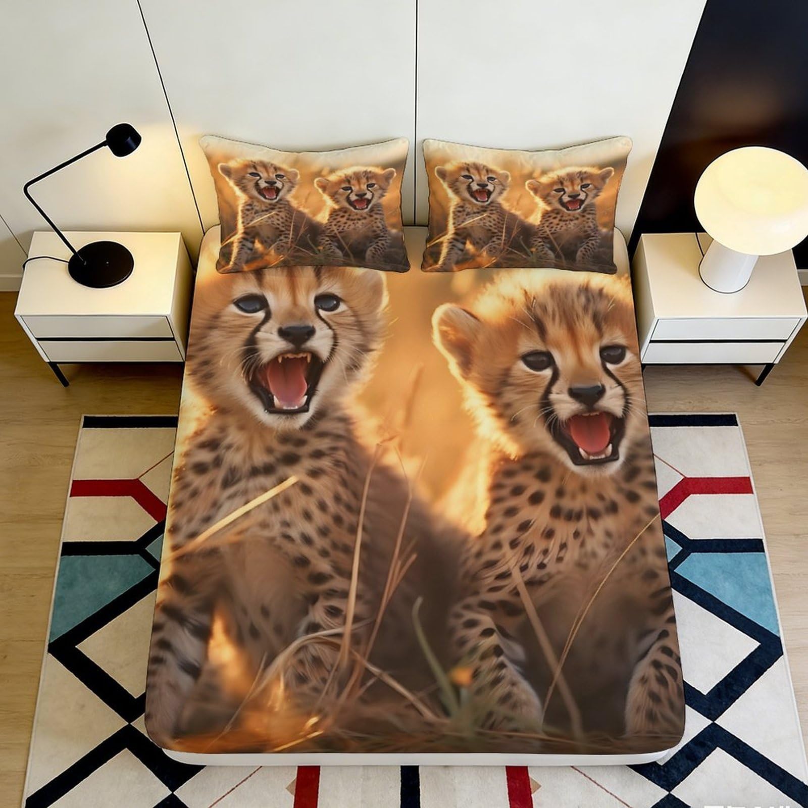 Pnayamiorkfel Style-6 3D Printed Cheetah Cubs Fitted Sheet Microfiber Soft Breathable Animal Pattern Mattress Cover Bedroom Decor 90X200x25cm