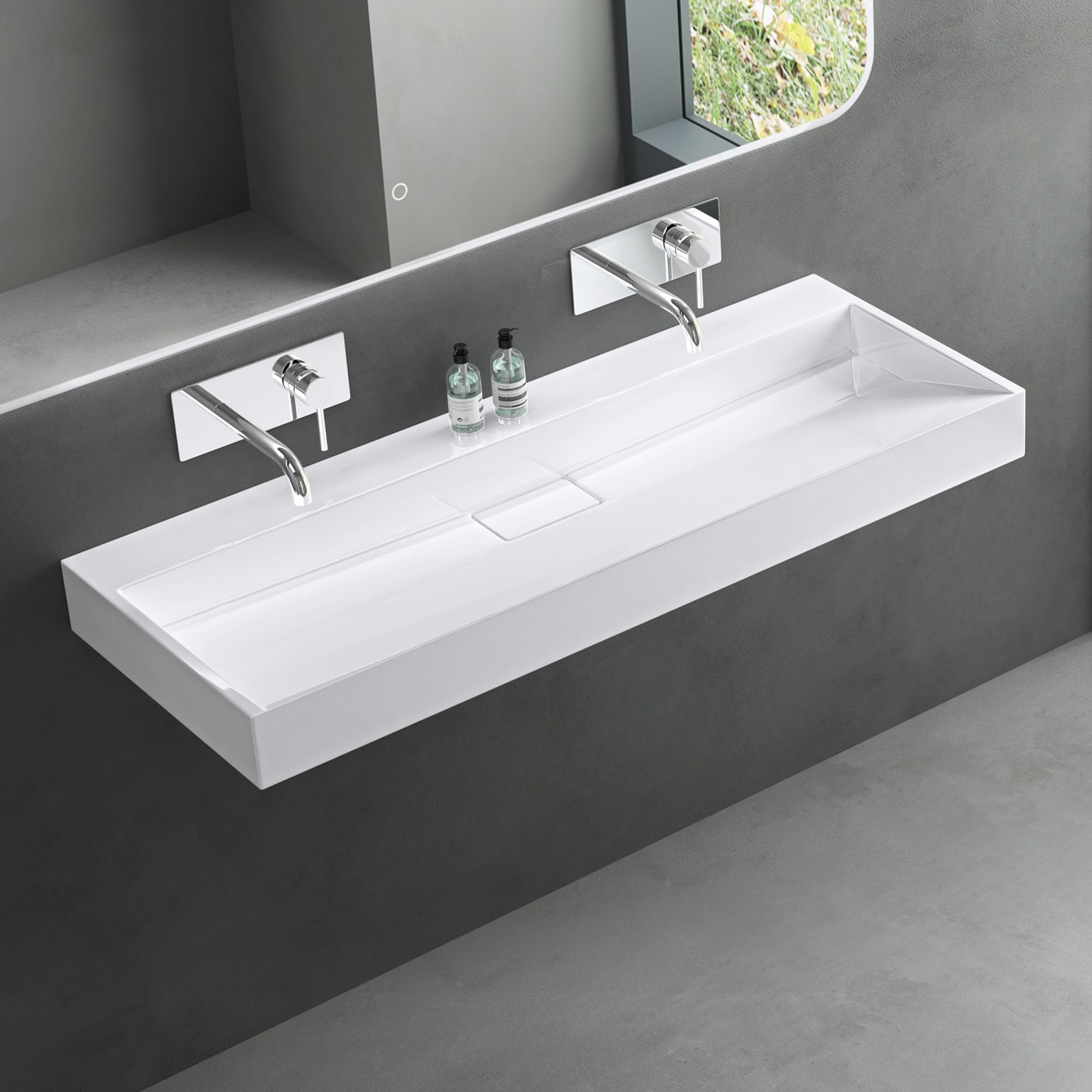 Mai & Mai Lavabo Salle de Bains Vasque à Poser Rectangulaire Lavabo Suspendu Blanc 120x46x11cm Col19-1200