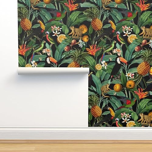 Miniatura 4 de Spoonflower Muestro de papel tapiz extraíble - Naturaleza Botánico Tropical Tucanes Monos Loros Papel pintado personalizado pre-pegado