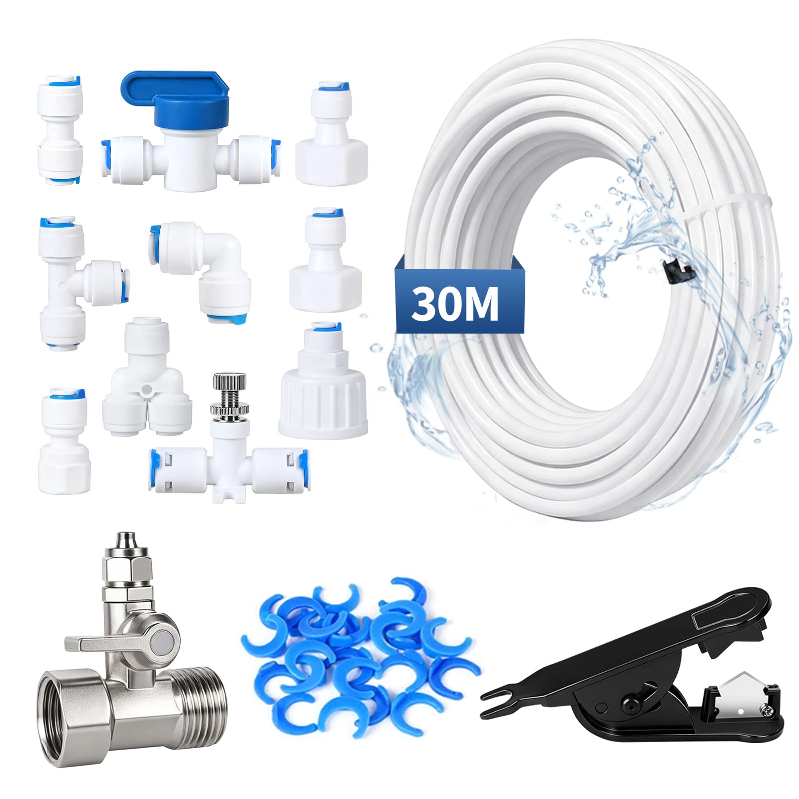 EFUTURETIME 30M Juego de Conexión Universal de 1/4" Tubo para Sistemas de Osmosis Inversa, Manguera de Suministro de Agua con Válvula de Cierre para Frigorífico, Purificadores