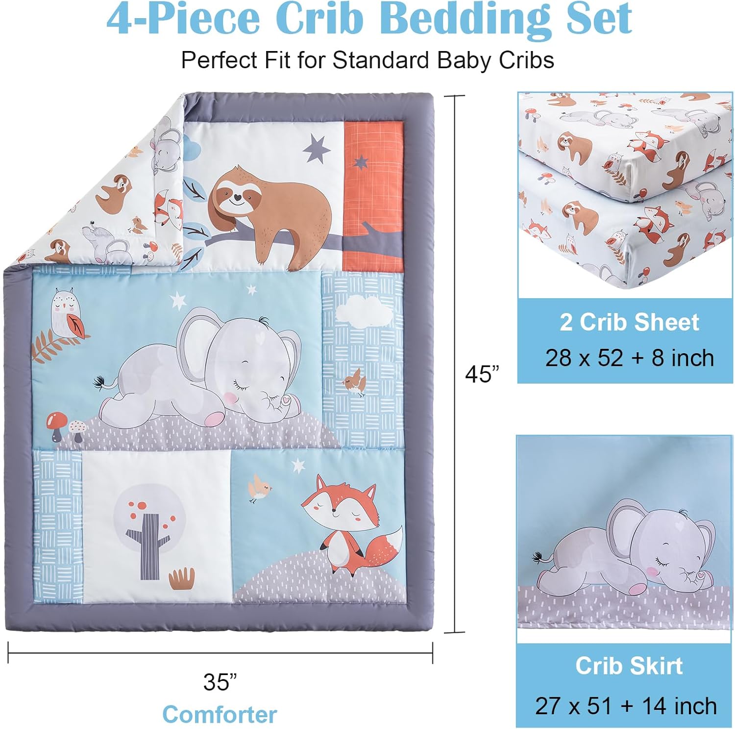 Crib Bedding Set 4 Pieces – Includes Comforter, 2 Fitted Sheets for Easy Changing, Crib Skirt – Soft, Breathable, Machine Washable – Fits Standard Crib Mattress – Baby Nursery Set for Boys & Girls