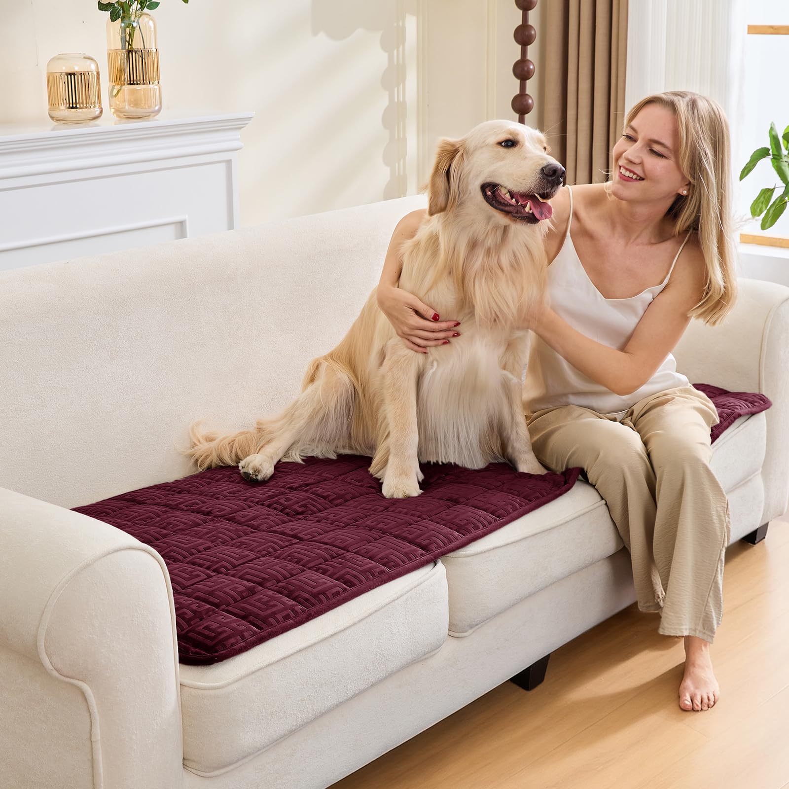 SYLC Sofa Cover Wine Red Velvet Quilting,Thick Sofa Cover 4 Seater Corner L Shape Settee Non Slip Seat Cushion Covers Protector for Living Room Caravan (Wine Red,70×240cm / 1 Piece)