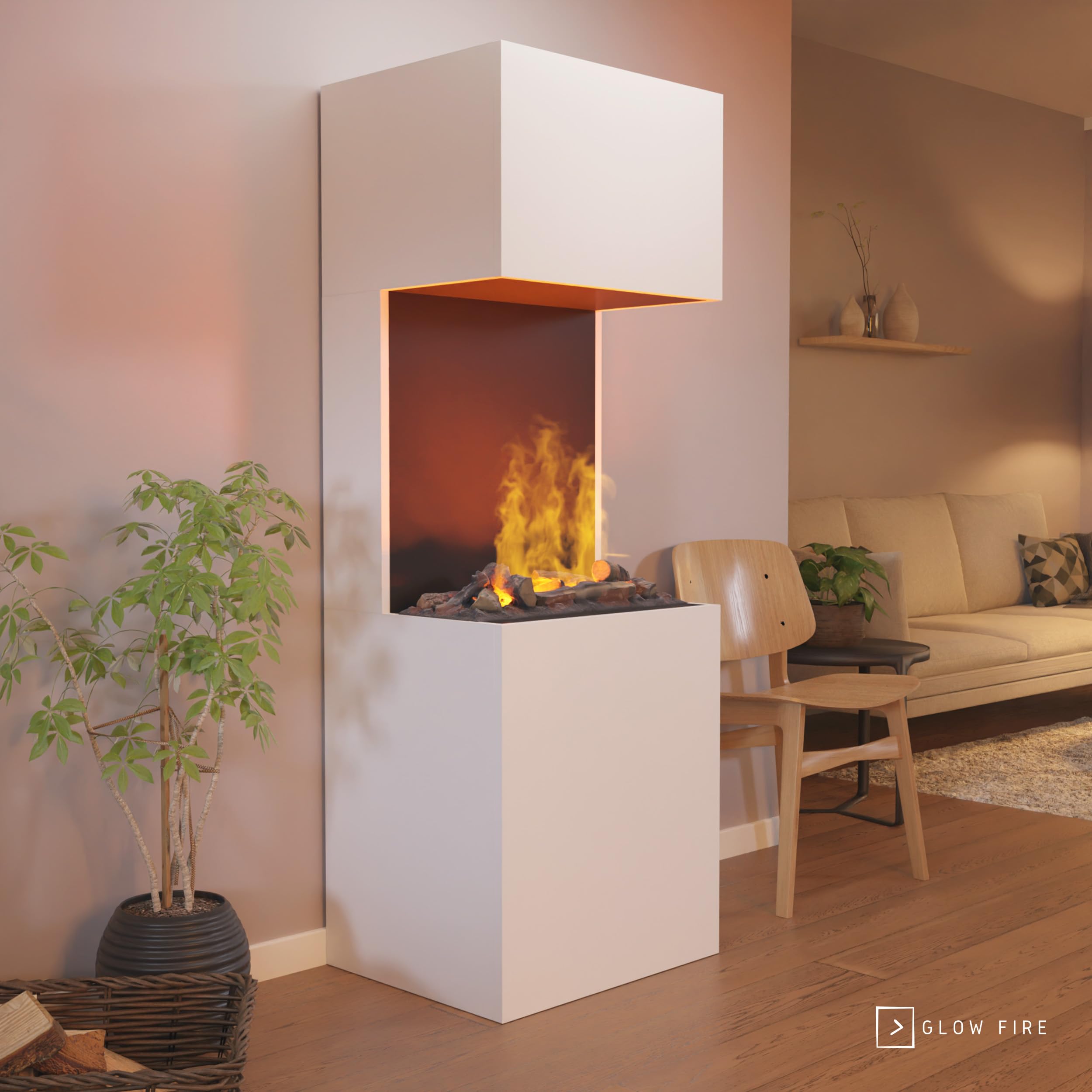 GLOW FIRE Wasserdampf Kamin Beethoven (Standkamin) - Elektrokamin mit realistischen LED 3D-Flammen, Knistereffekt & Fernbedienung, 60x170x50 cm - Opti-Myst 600 Elektro Kamin mit Holz-Deko, Weiß