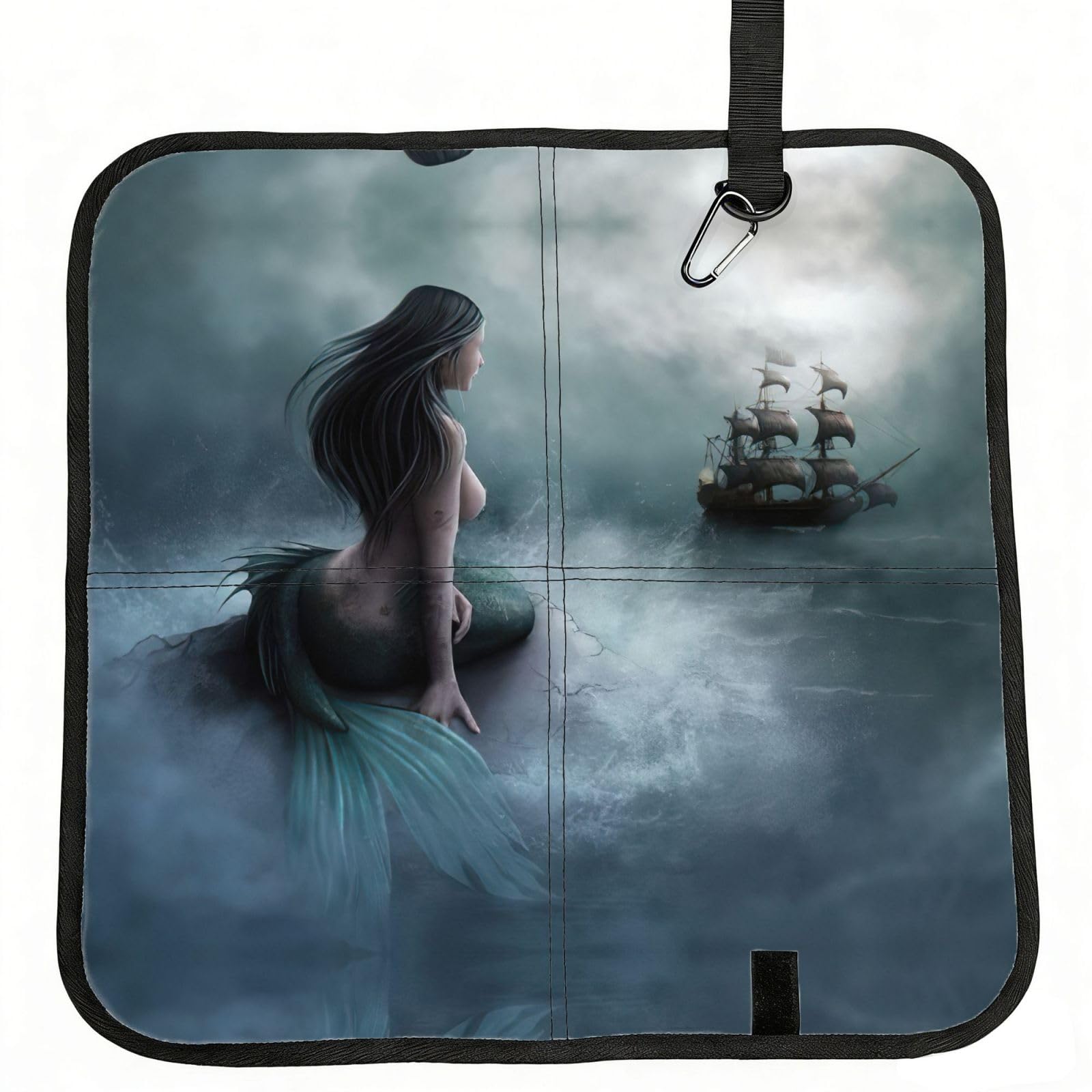 KAPPTYY Mermaid Girl And Sailing on Sea Pirate Ship Printed Bleacher Seat Cushion PE Foam Filling, Foldable Sitting Pad for Concert Stadium Events