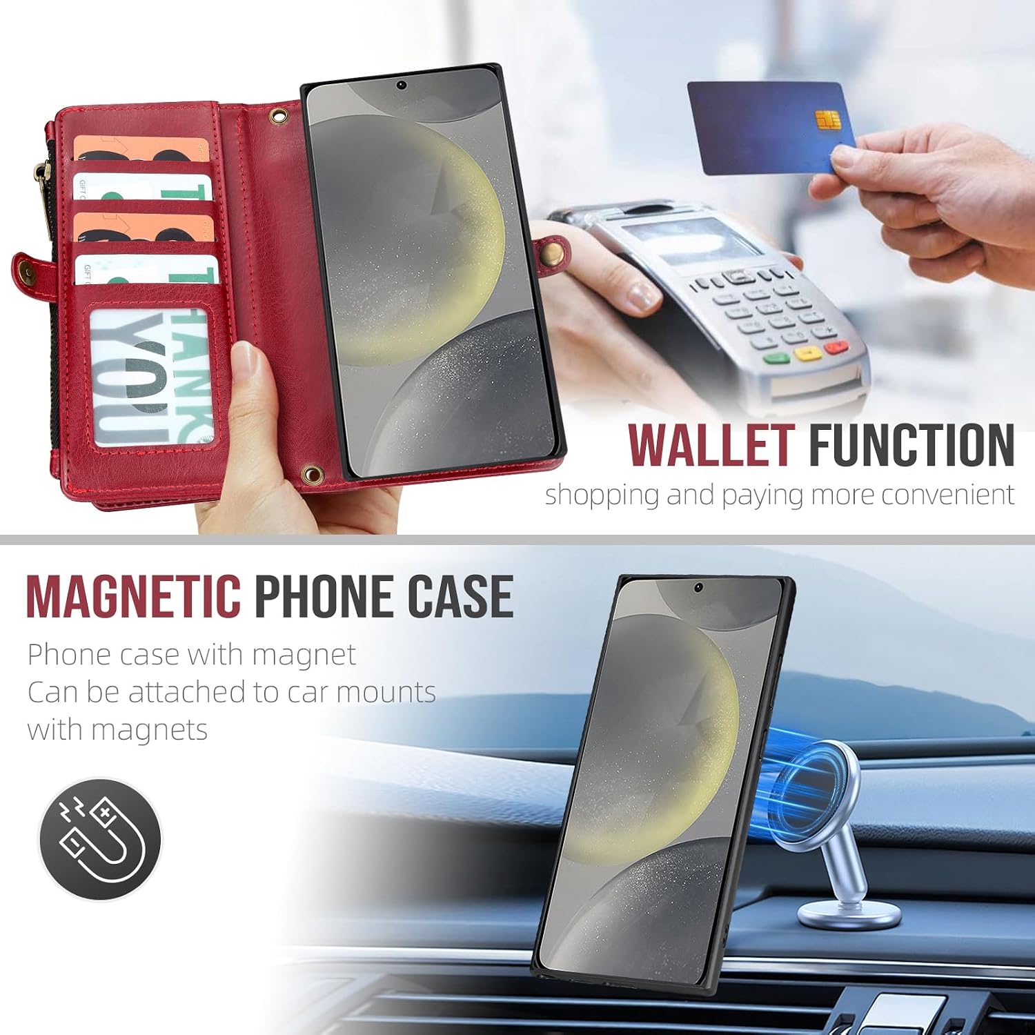 Phone Case for Samsung Galaxy S25 5G Wallet Magnetic Detachable Cell Cover with Tempered Glass Screen Protector Strap Flip Zipper Purse Card Holder S 25 25S 25 25S SM-S931U Women Girls Red