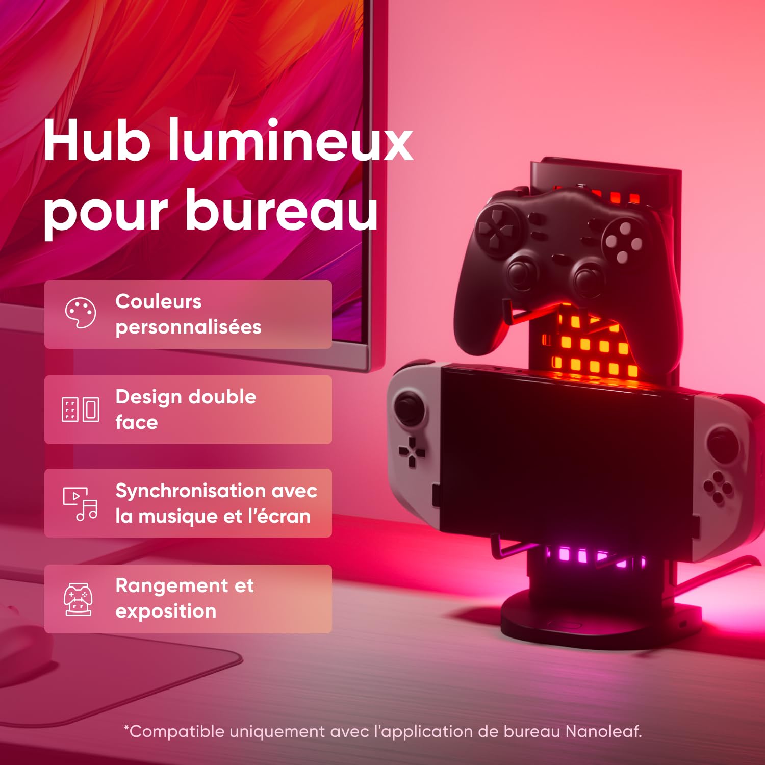 Nanoleaf Hub Lumineux de Bureau pour Gaming, Lampe de Table connectée RGB 3-en-1 avec Support Casque/Manette, Éclairage Double Face, Station USB-C, Sync Musique & Écran Via App, Lumière Ambiance