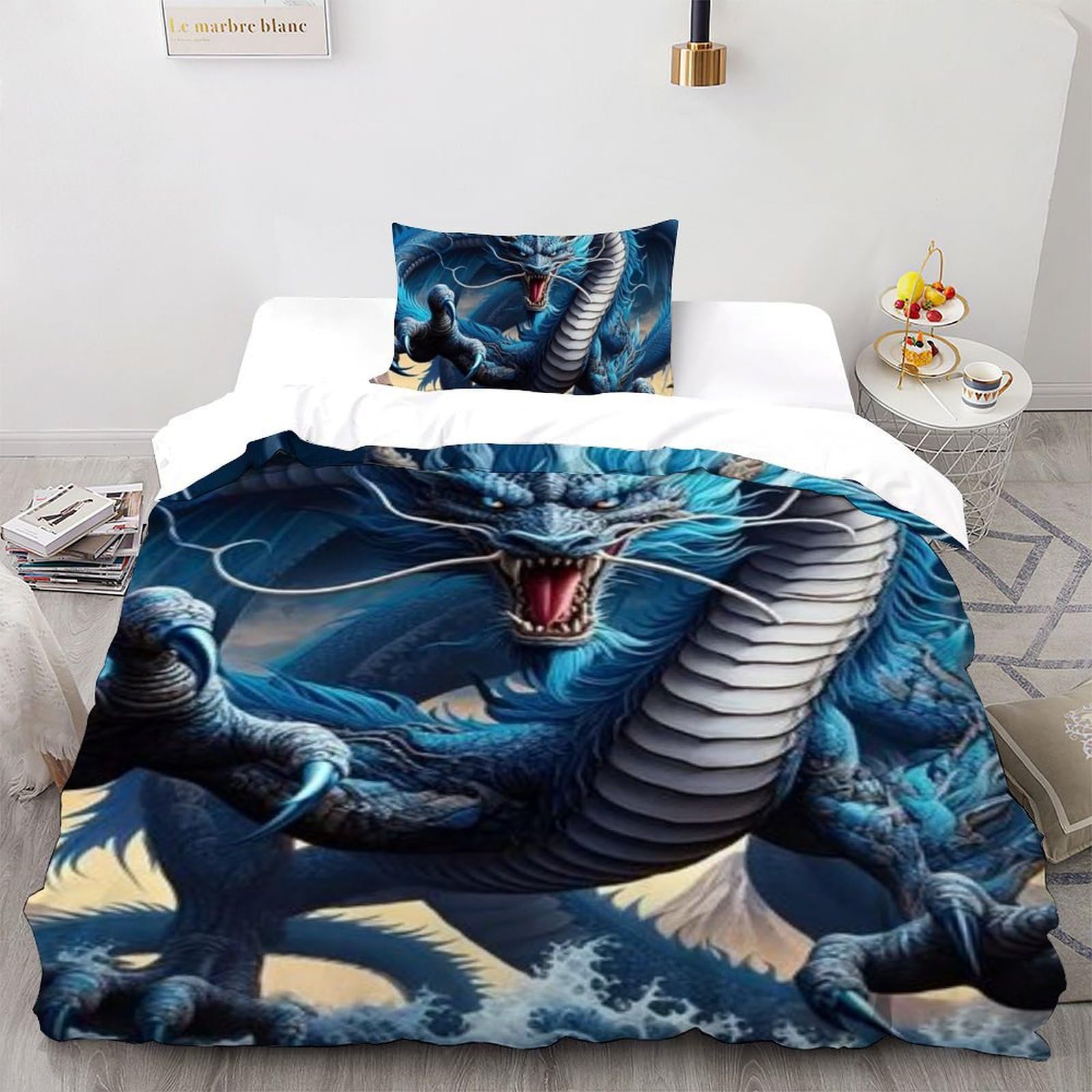 Housse de couette dragon bleu 135x200 microfibre pour lit enfant single avec taie
