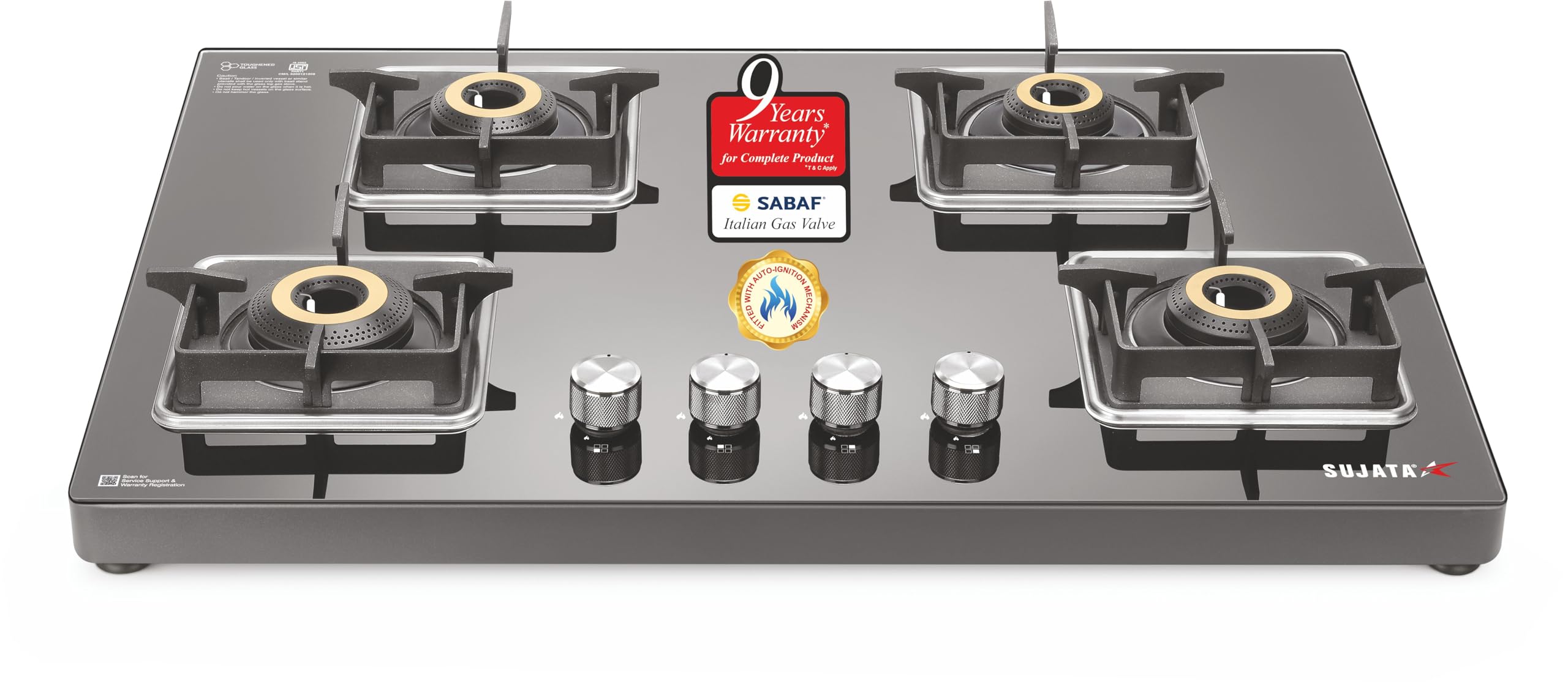 Sujata Gas Stove | 9 Years Warranty | Stove 4 Burner Auto Ignition, SABAF, ISI Certified, LPG & PNG Compatible, 360° Rotating Brass Gas Nozzle, Jumbo Brass Burner (Premium - Black)