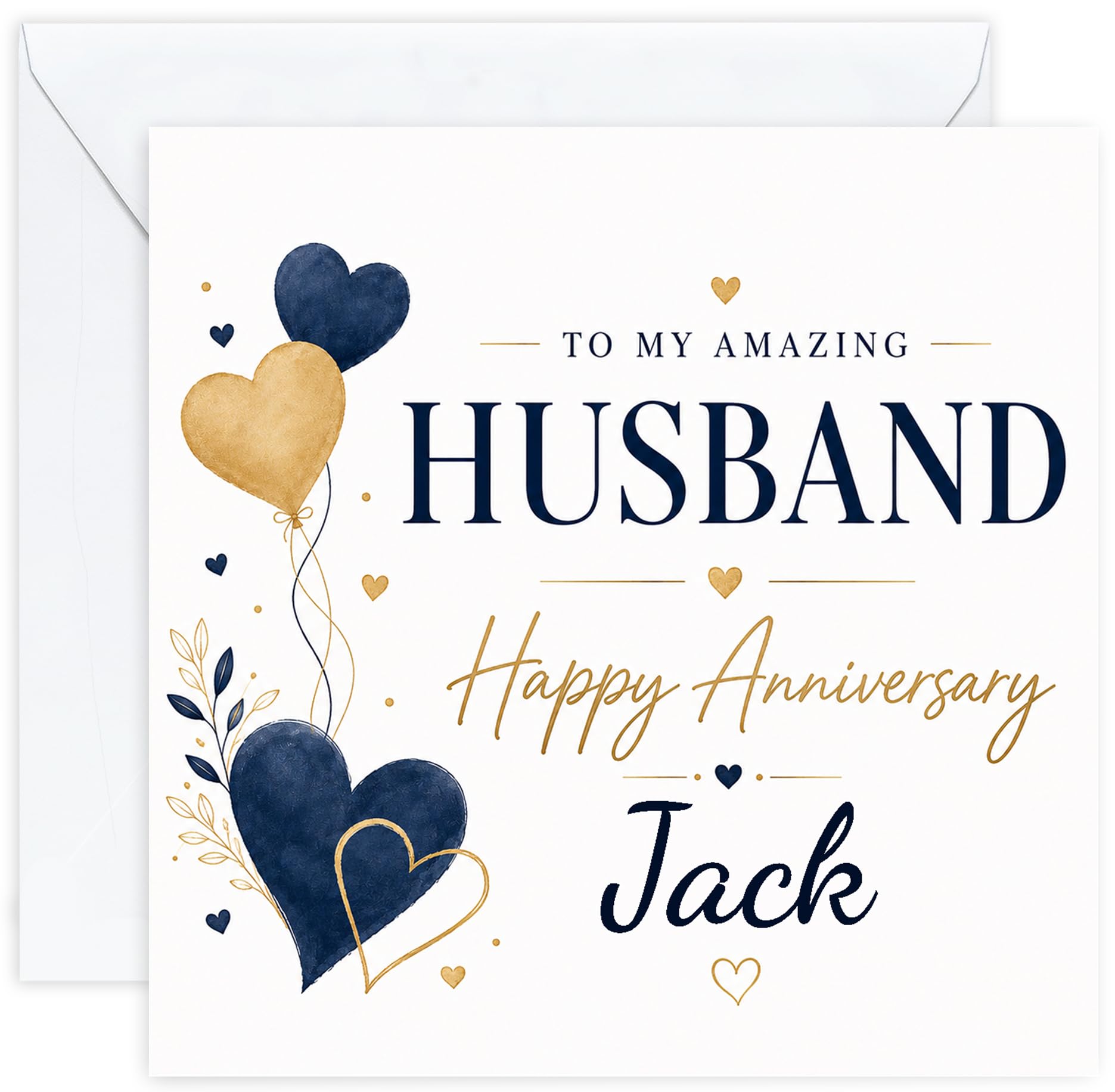 Personalised Anniversary Card for Husband | Navy & Gold Heart Anniversary Card for Him | Add His Name | Romantic Husband Card with Optional Printed Inside Message (Design 02)