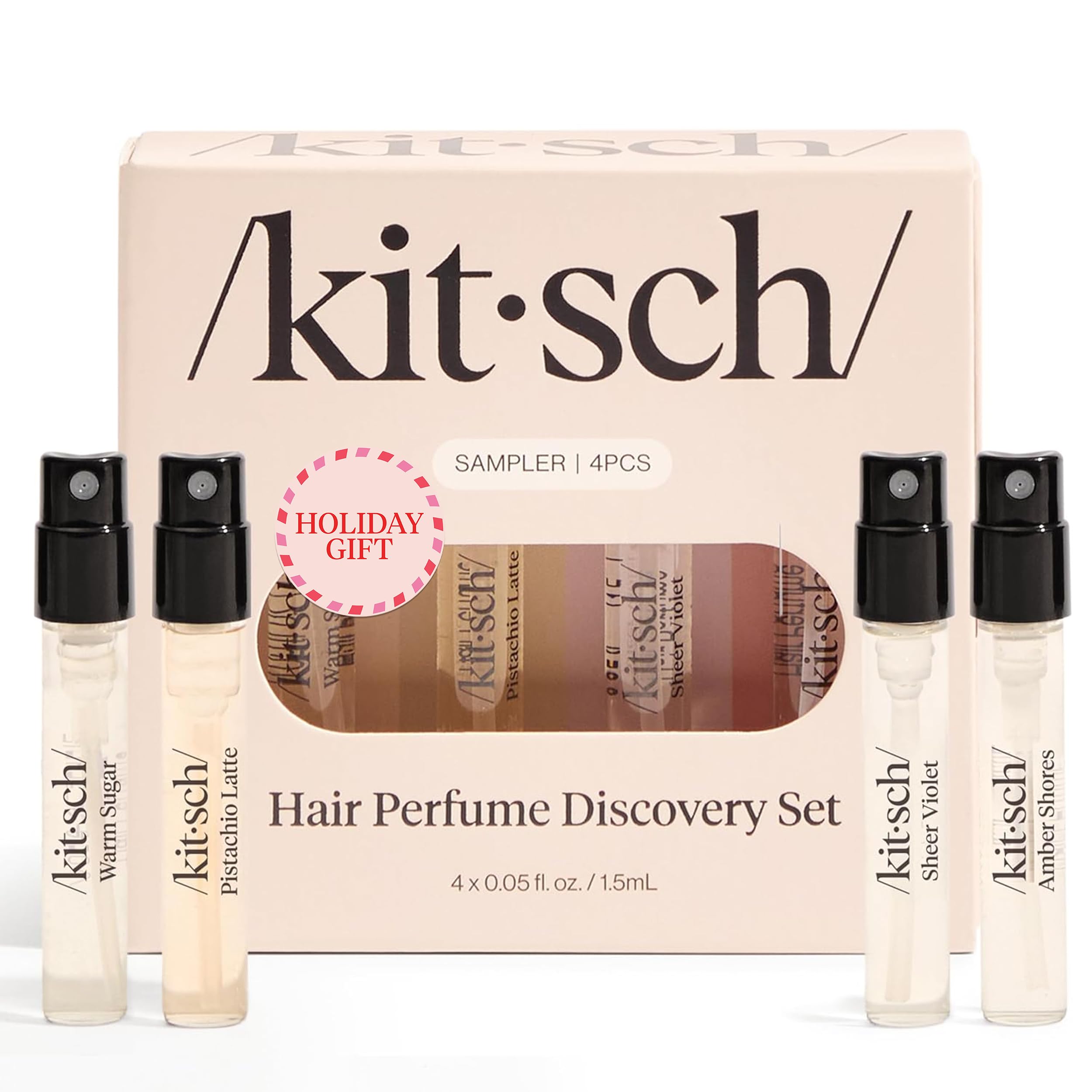 Kitsch Hair Perfume For Women (Discovery Set) - Pistachio Latte, Warm Sugar, Sheer Violet & Amber Waves - Patented Odor-Eliminating Technology, Hair Spray and Body Mist - 4 x 1.5ml