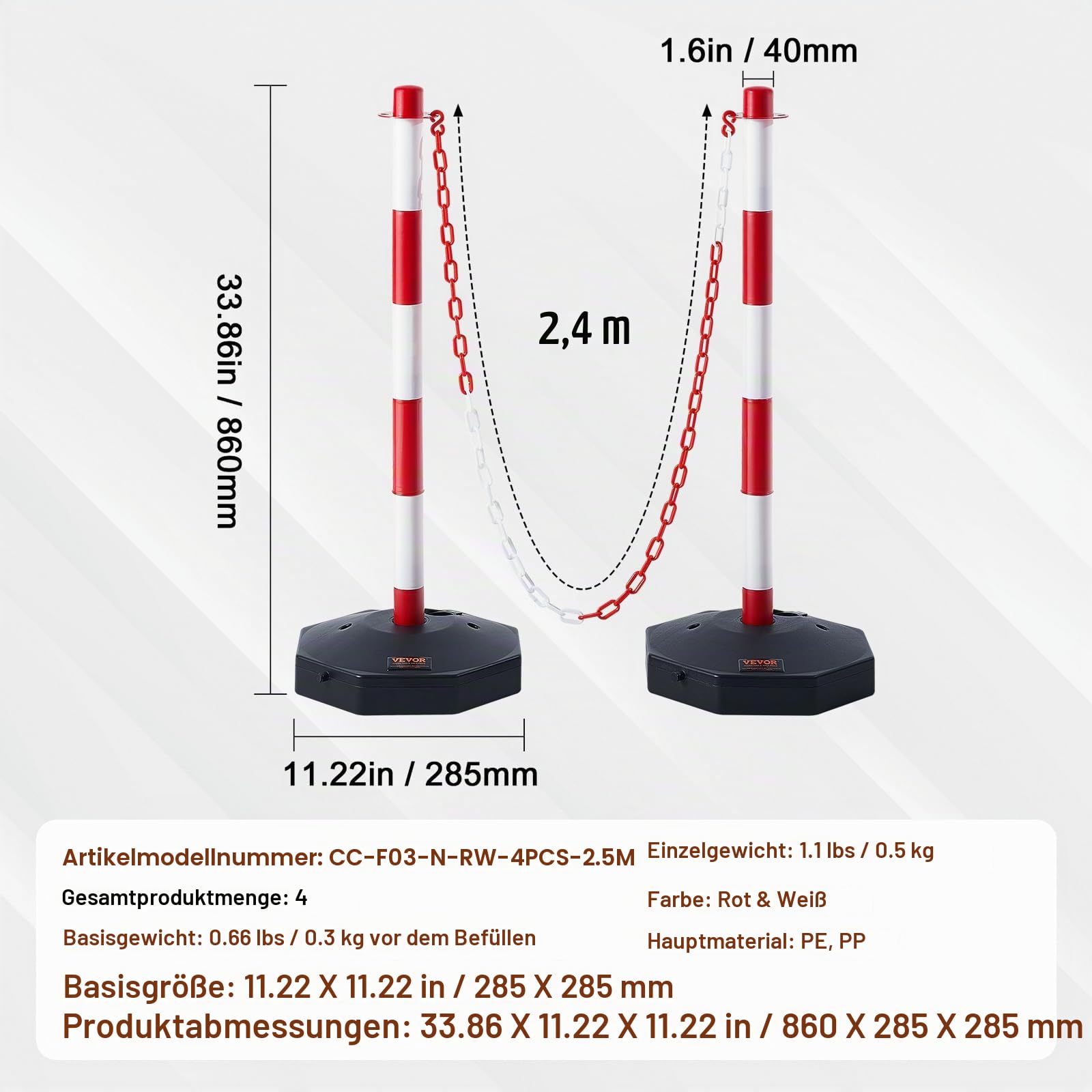 VEVOR Set von 4 Absperrpfosten und 1 Kunststoff-Kette von 10 m Rot und Weiß, Sperrpfosten, Poller Aus PE-Kunststoff für die Verkehrskontrolle oder Warnung an der Auffahrt, Garage, dem Tor usw. Rot