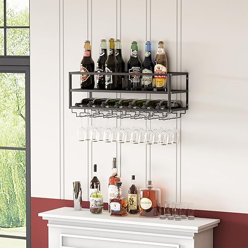 Miniatura 5 de MAIKAILUN Estante de vino montado en la pared negro con soporte para vidrio, soporte de metal para botellas de 30 pulgadas, estante de