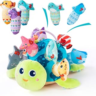 Jollybaby Montessori Sensory Turtle Toys for Baby 6-12-24-36 Months | Soft Plush Stuffed Pull Carrots Toy with Rattle & Crinkle, Preschool Education Learning Toy for 1 Year Old Birthday Gifts