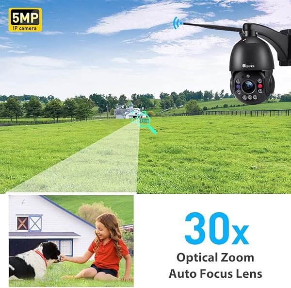 30X Zoom 5MP Telecamera Wifi Esterno PTZ Ctronics Videocamera con Pan 355Tilt 90 150m Visione Notturna Auto Tracking Rilevazione Umana Allarme Acustico Audio a 2 Vie Impermeabile 66 Nero