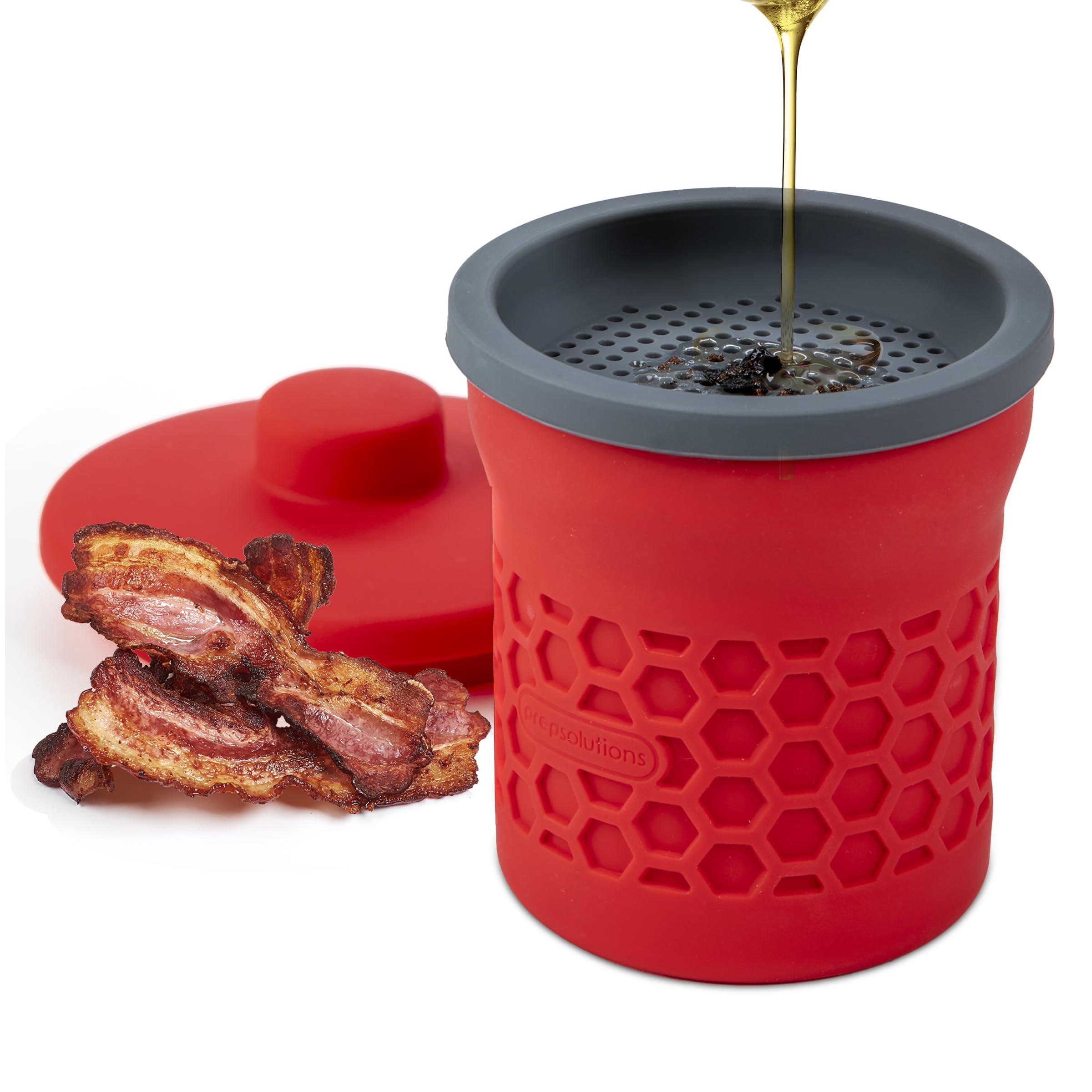prep solutions heat-resistant silicone grease strainer amp keeper - 2 cup capacity red