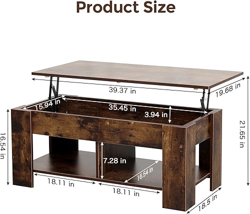 Miniatura 2 de Mesa de centro elevable con almacenamiento, 2 estantes abiertos y compartimento oculto, mesas de centro de elevación modernas de madera para sala de