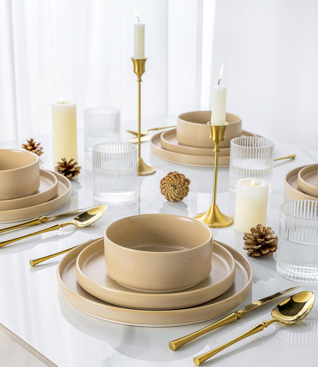 TheTerra Ceramic Dinnerware Sets for 4, 12 Pieces Handmade Reactive Glaze Plates and Bowls Set, Scratch Resistant Dish Set, Oven & Microwave & Dishwasher Safe, Ivory Cream