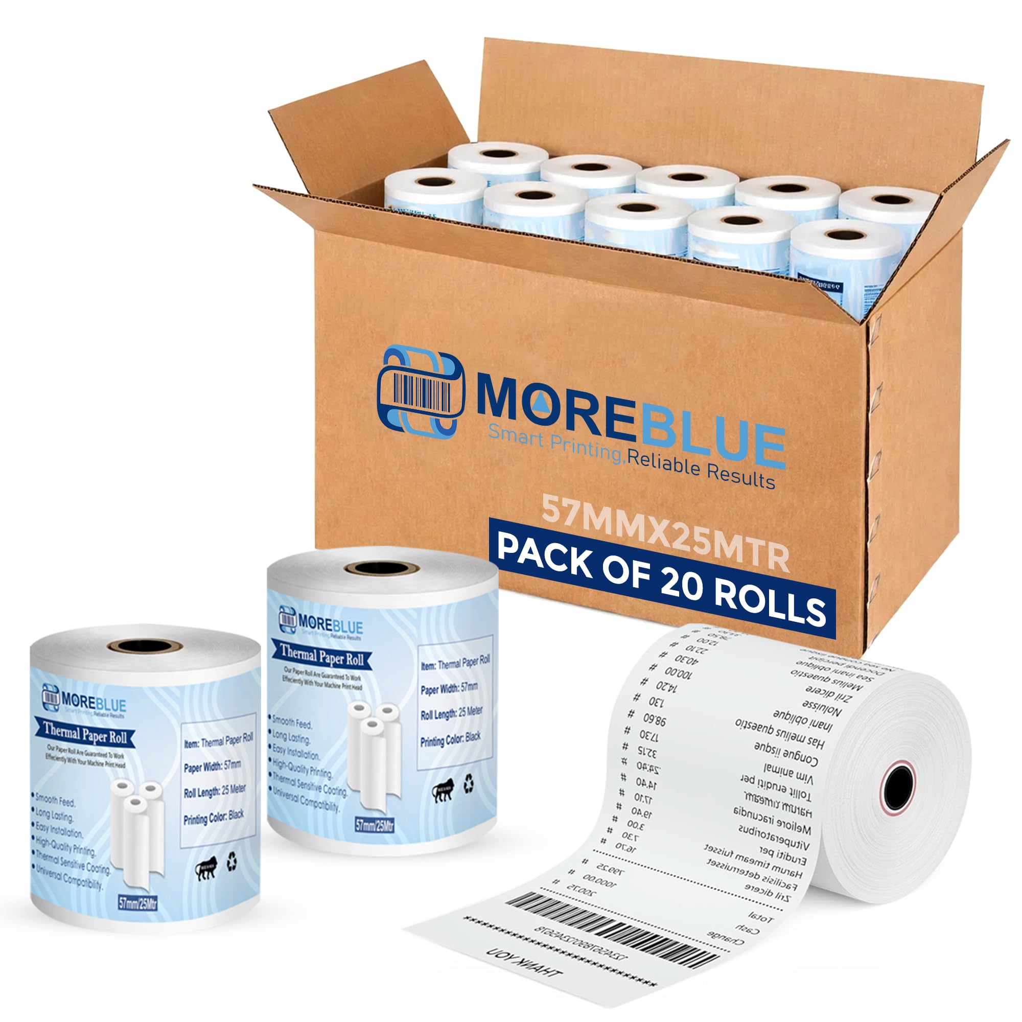 MOREBLUE® 57mm(2 inch) x 25 Meter Thermal Receipt Paper Roll, BPA-Free,Print for POS, Credit Card Machines, Cash Registers (Pack of 20)