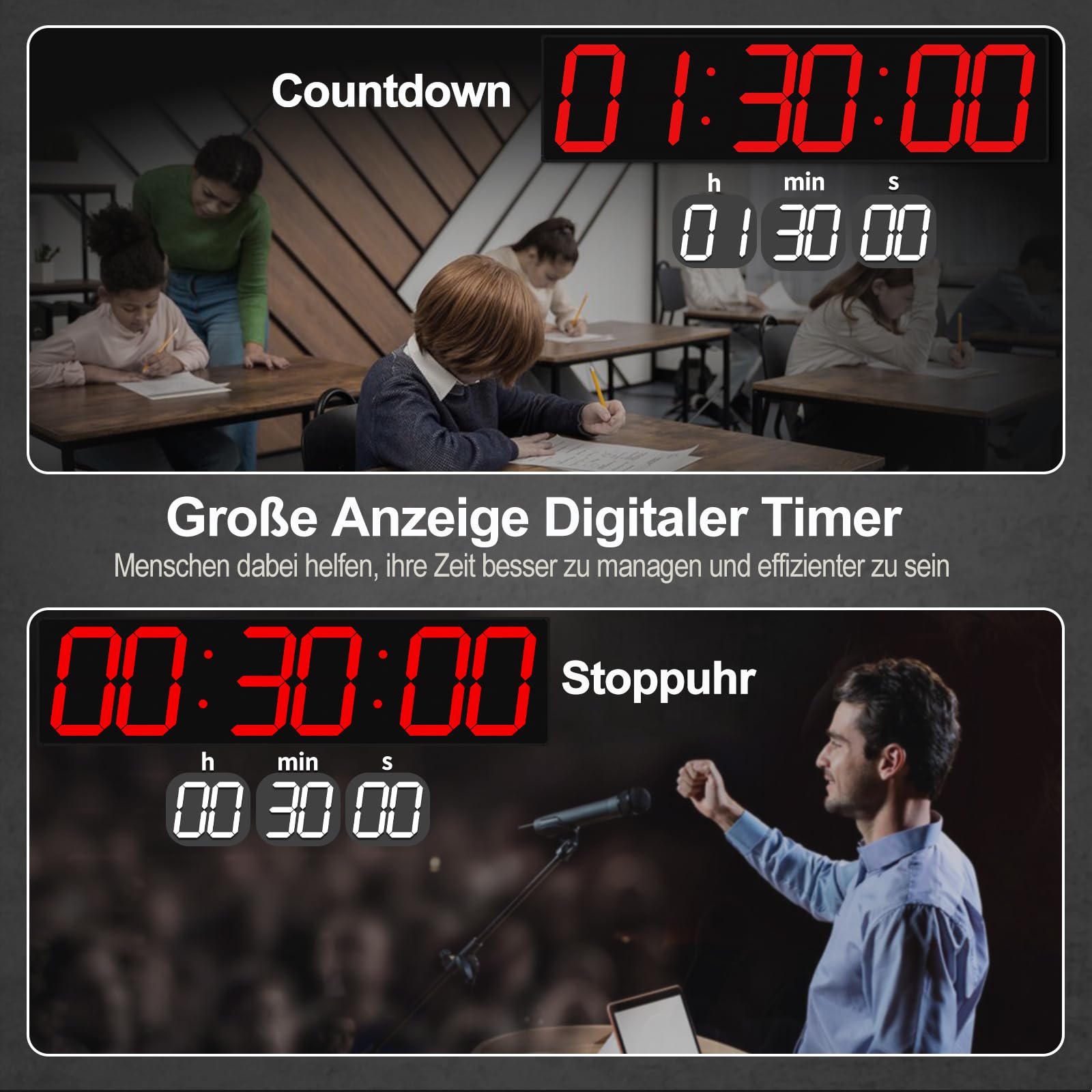 CHKOSDA 28,4-Zoll-Digital-Wanduhr, Digitale Uhr mit automatischer Zeitsynchronisation und einfacher Bedienung, große Wanduhr mit Countdown-Funktion, Wecker, Kalender und Temperaturanzeige (rot)