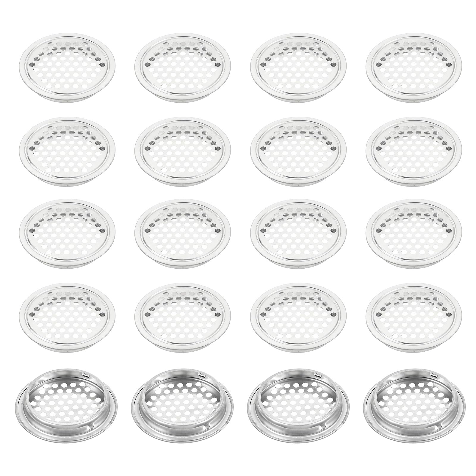 PATIKIL 60 mm Circular Soffit Vent, 20 Pcs Stainless Steel Round Mesh Hole Air Vents Dual Panel Round Mesh Hole Louver for Kitchen Wardrobes Shoe Sundry Cabinets Bathrooms, Silver