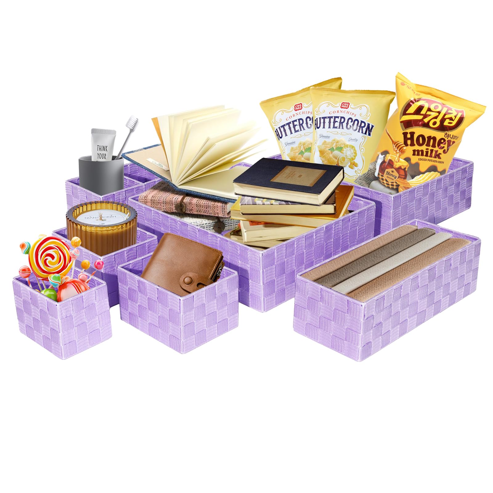 Organizzatore per cassetti, piccolo cesto intrecciato, cestino di vimini fatto a mano per organizzare scrivania, cassettiera, cucina, dispensa, confezione da 7 pezzi, viola