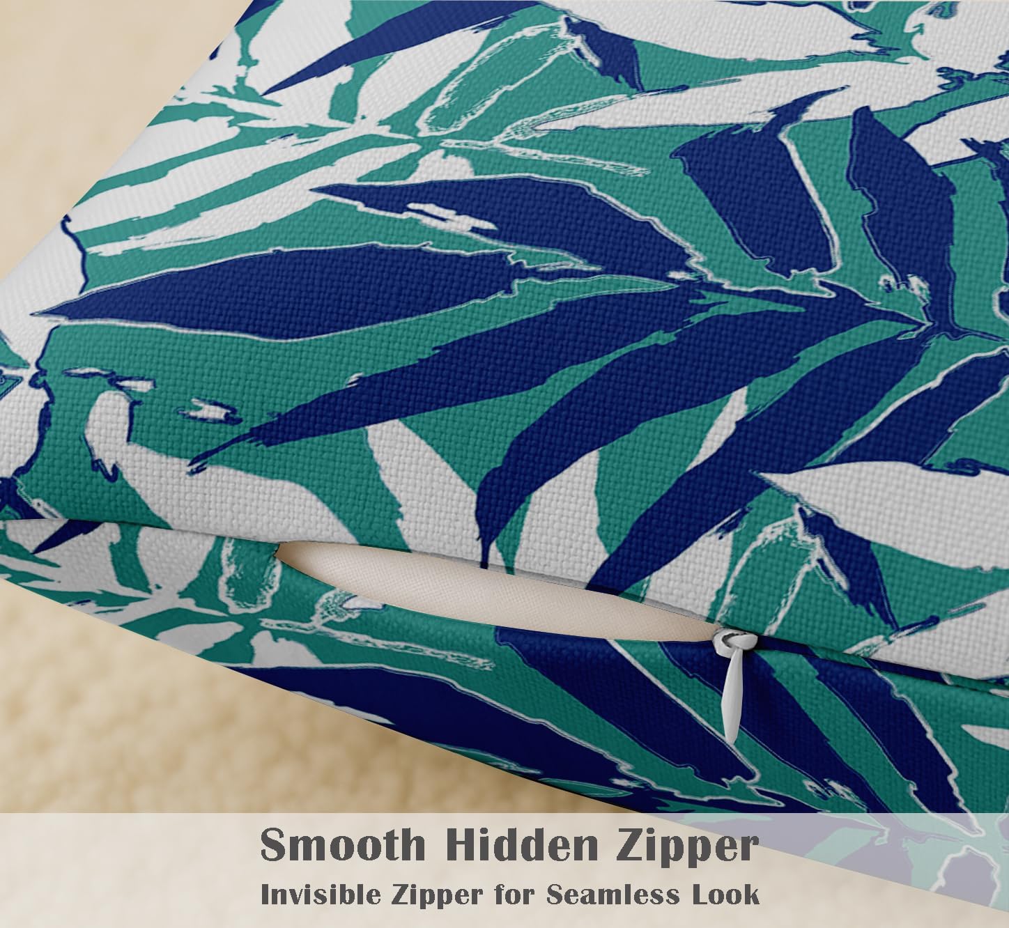 Leaves Design, Decorative Cushion Covers Set of 4-16x16 Inch, 100% Cotton, Printed on Both Sides, Hidden Zipper, Blue