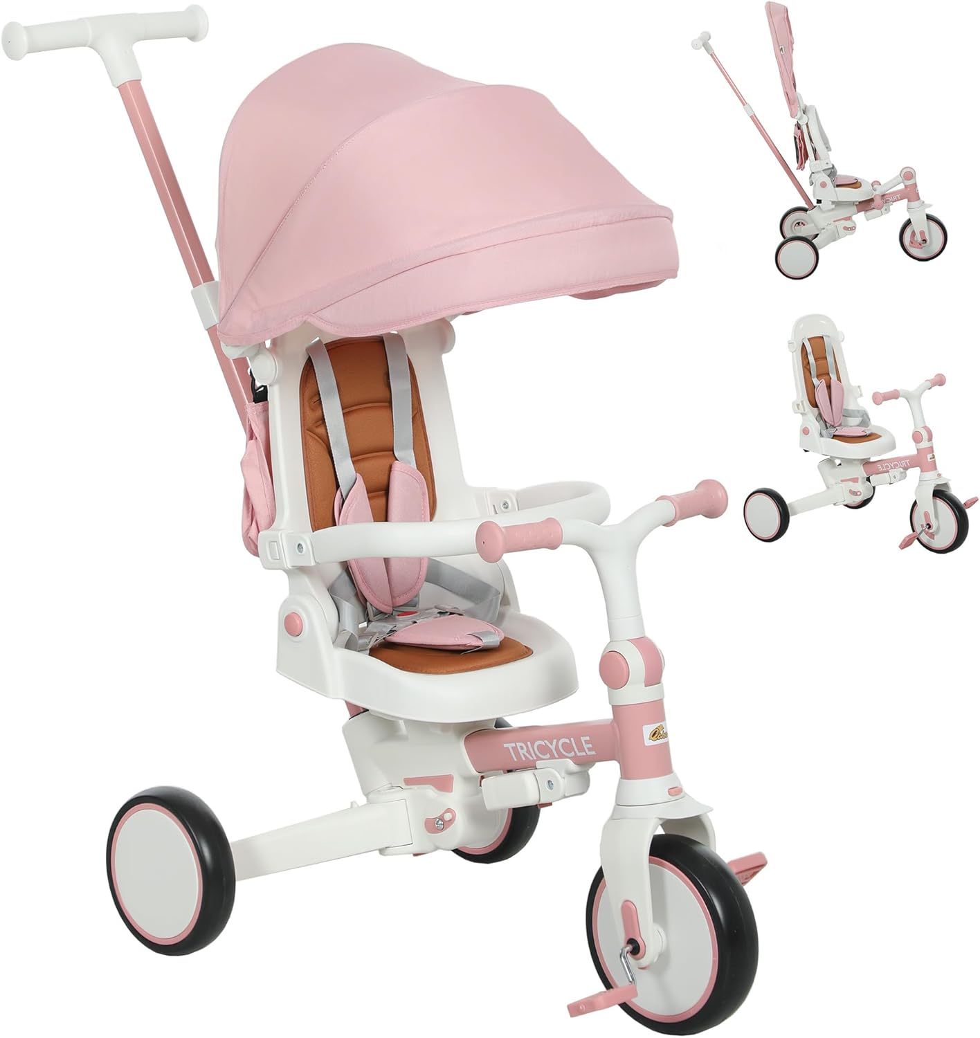 Qaba 7 in 1 Tricycle Stroller for Toddler 1-5 Years, Foldable Toddler Bike with Adjustable Push Handle, Rotatable Seat, Removable Canopy, Safety Harness, Double Brake, Footrest, Pink