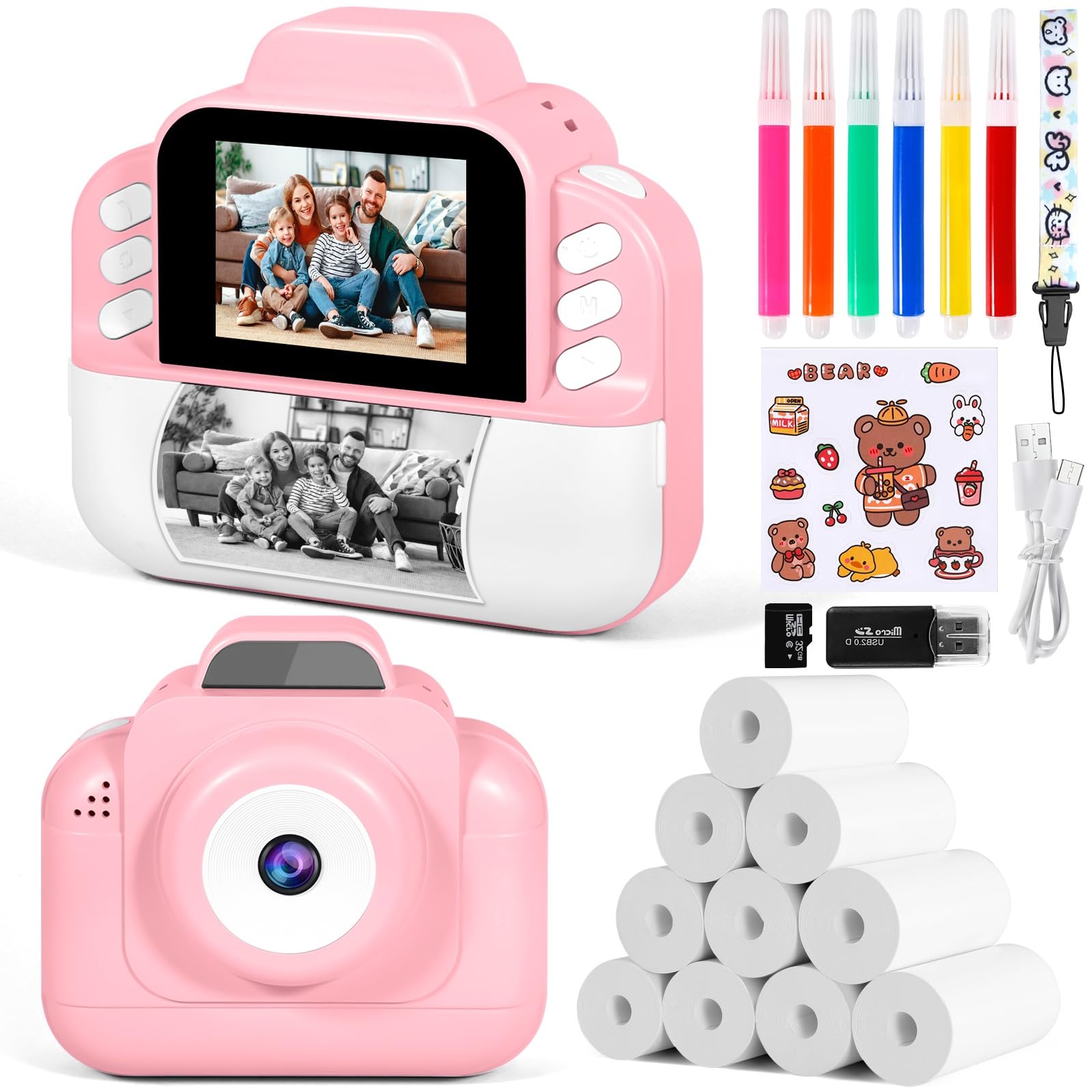 Instant Digital Camera with Printing Paper and 32G TF Card Video Camera with Colorful Feathers for DIY Hats Costume Accessory
