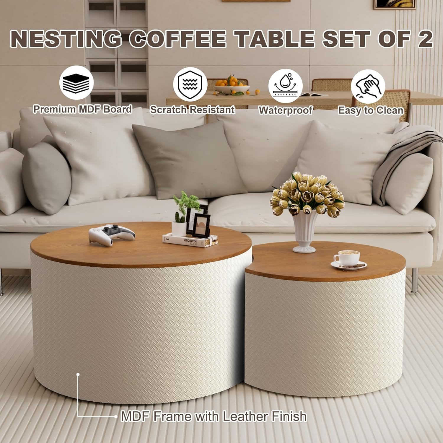 Nesting Coffee Table Set of 2 with Storage, Modern Round Leather Finish Coffee and End Tables for Living Room, No Assembly Circle Drum Side Tables for Small Spaces,White