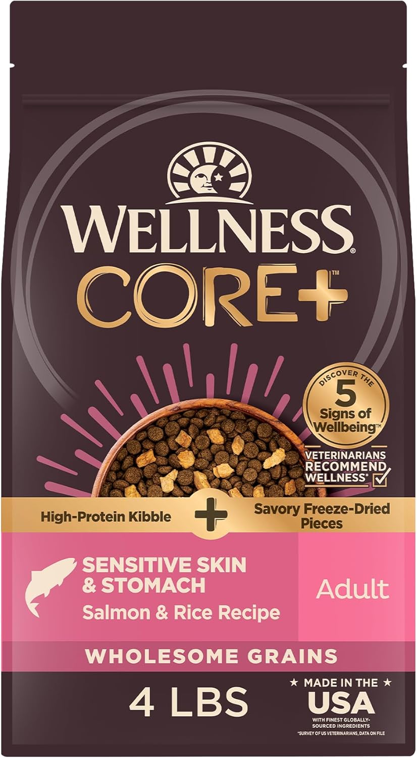 Wellness CORE+ Sensitive Skin & Stomach Dry Dog Food with Freeze Dried Pieces, Wholesome Grains, High Protein, Natural, Salmon & Rice Recipe, (4-Pound Bag) Wellness CORE+ Sensitive Skin & Stomach Dry Dog Food with Freeze Dried Pieces, Wholesome Grains, High Protein, Natural, Salmon & Rice Recipe, (4-Pound Bag)