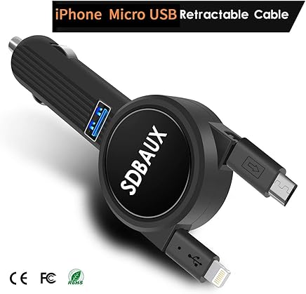 SDBAUX Cargador para Auto, Carga R?pida 3.1A/15W con Cable Retr?ctil Doble de 70cm, Compatible Samsung S6 S5 Tab 4 LG Google Nexus10,Dispositivo iOS XS Max XR X 8 7 6 Plus 5S, con 1 Puerto USB