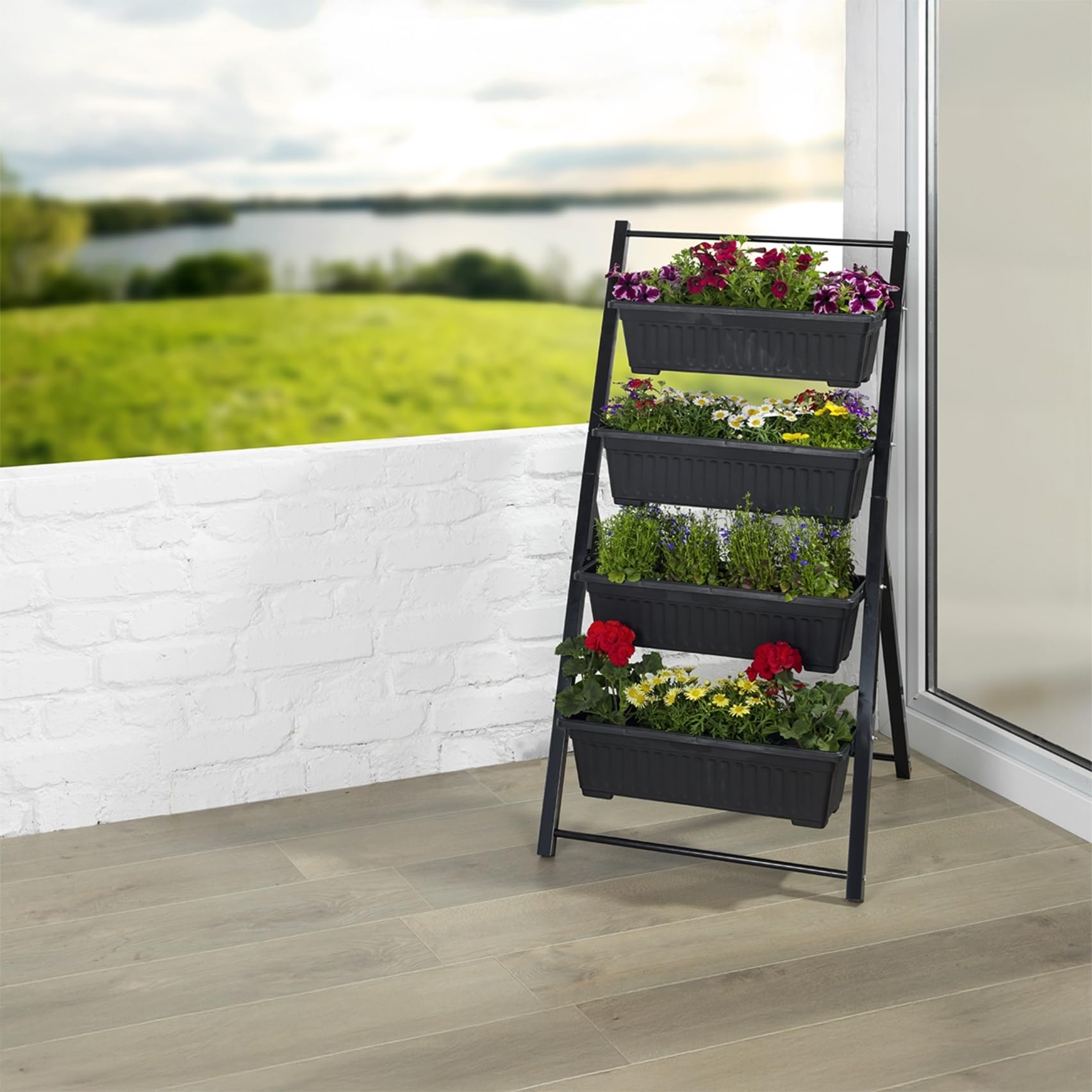 Maximex Lit surélevé Jardin Vertical 4 Niveaux pour Balcon et terrasse bacs Amovibles Plastique résistant aux intempéries 56,5 x 108 x 62 cm Noir