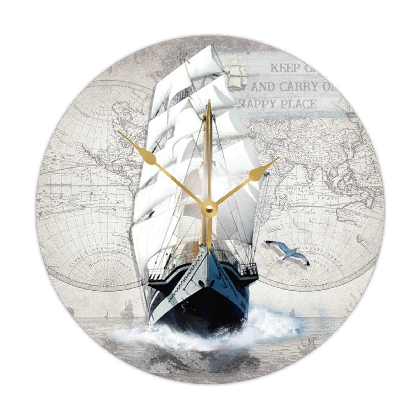 Horloge murale en bois voilier 38cm ronde et silencieuse vague de mer