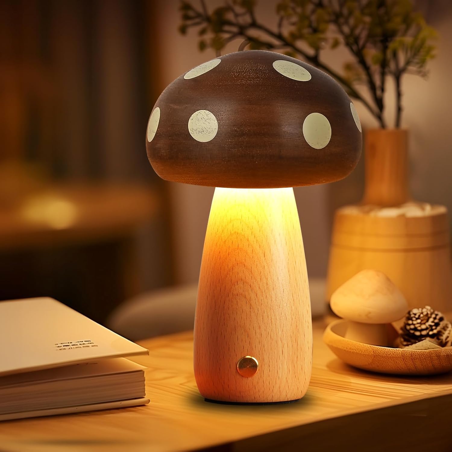 AIEHOUSE LED Mushroom Night Light, Cordless Bedsite Light, Wooden Table Lamp, Rechargeable Battery Operated, Touch Switch, Stepless Dimming
