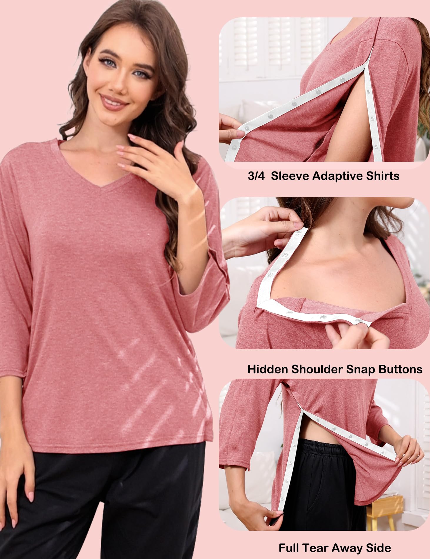 Camisas para después de la cirugía del hombro para mujer, manga 3/4, totalmente abierta, lateral, diálisis, quimioterapia, ropa adaptativa