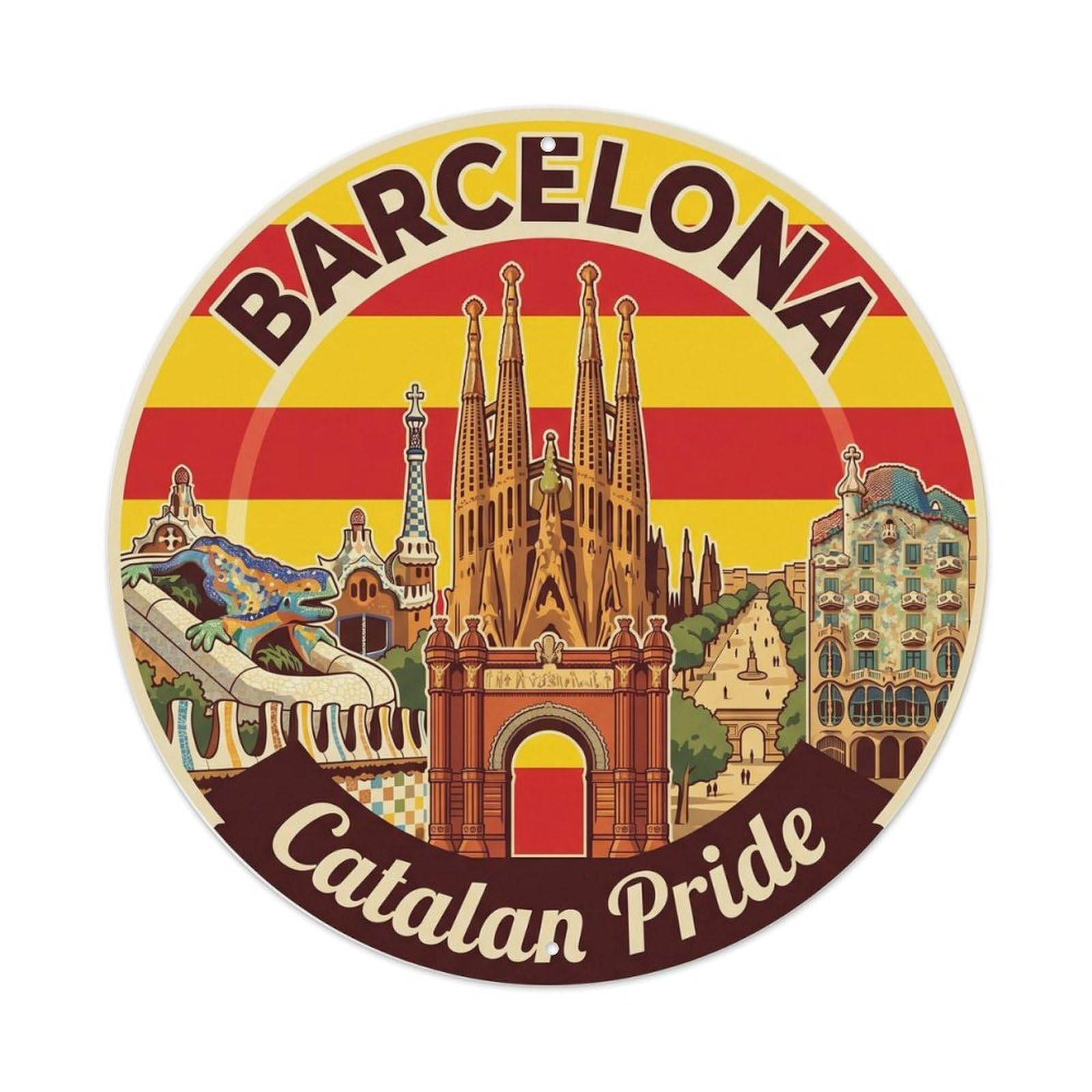 Classic Barcelona Cityscape Flag Catalan Heritage Travel Metal Tin Sign Plaque Wall Decor for Cafe, Man Cave, Club Bar, Office, Home Garden Round Metal Poster 8x8Inch