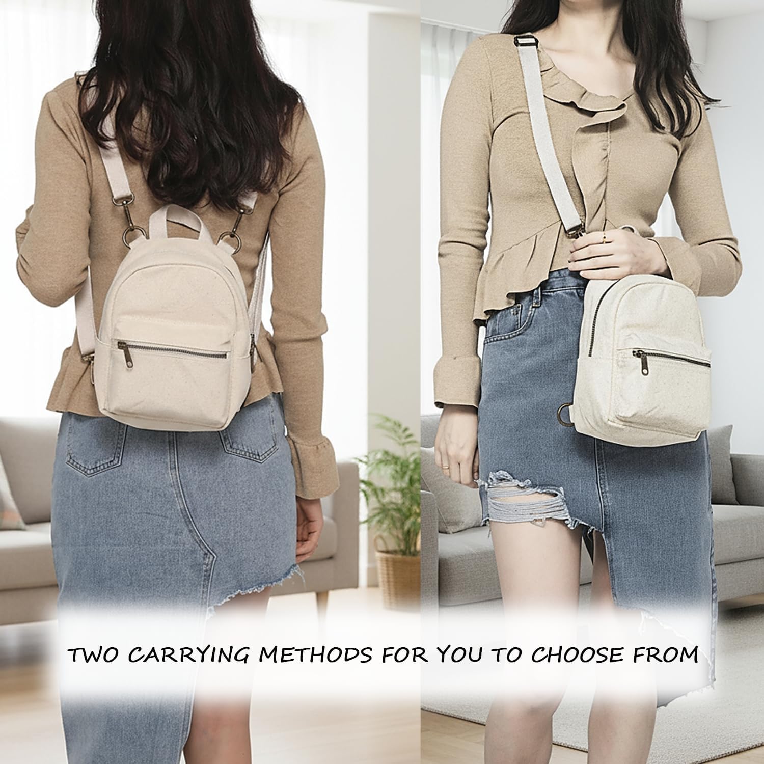 Canvas Backpack Purse Women Convertible Backpack Shoulder Bag Small Rucksack Shoulder Bag (Beige)