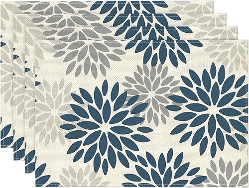 Aqua Dahlia - Juego de 4 manteles individuales de invierno con estampado floral bohemio de 12 x 18 pulgadas para decoración de fiestas, cocina,