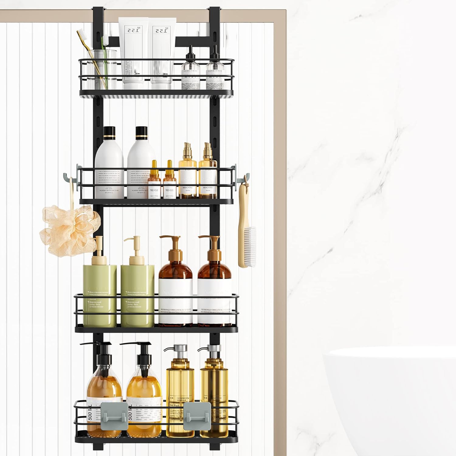 Orimade Adjustable Hanging Over the Shower Door Caddy Bathroom Organizer Shelf Storage with 4 Hooks for Razor No