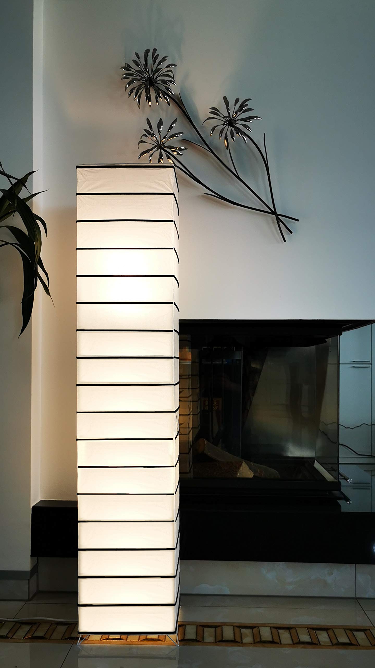 Trango Lampadaire design 1215 *ASIA* Lampe en papier de riz *HANDMADE* en blanc avec tiges décoratives incl. 2x Douille E14 - Forme : angulaire - Hauteur : 125cm - Lampe de salon - Lampadaire