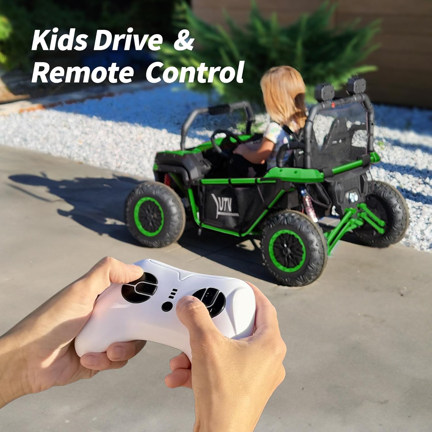 Hikiddo 24V Kids UTV, 4WD 2 Seater Ride-on Toy Electric Car for Big Kids with Remote Control, 2WD/4WD Switchable, 4x200W Motor - Green