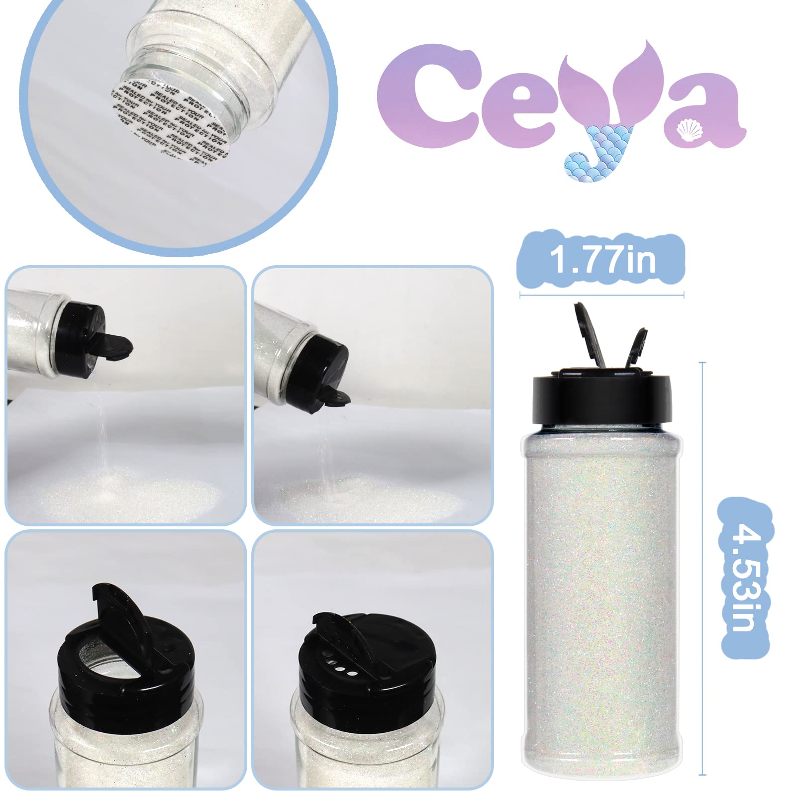 Ceya 100g Ultra Fine Glitter Polvere Colorata Iride Bianco per Slime, Resina Epoxy, Tumbler, Nail Art, Trucco, Scrapbook, Carte di Nozze, Gioielli, Pittura, Arti
