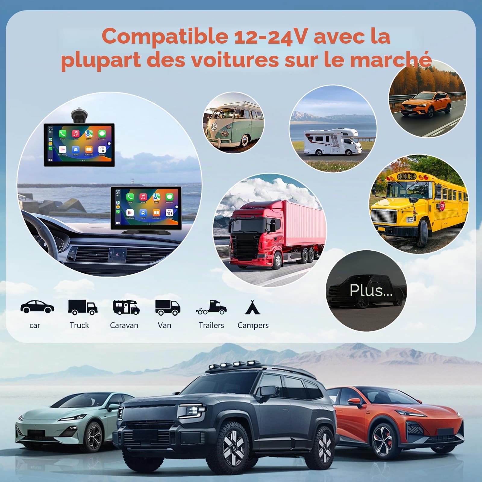 Écran de voiture portable 9" CarPlay/Android Écran tactile IPS HD avec caméra embarquée 4K et caméra de recul 1080p, Commande vocale BT FM Mirror Link pour tous les véhicules