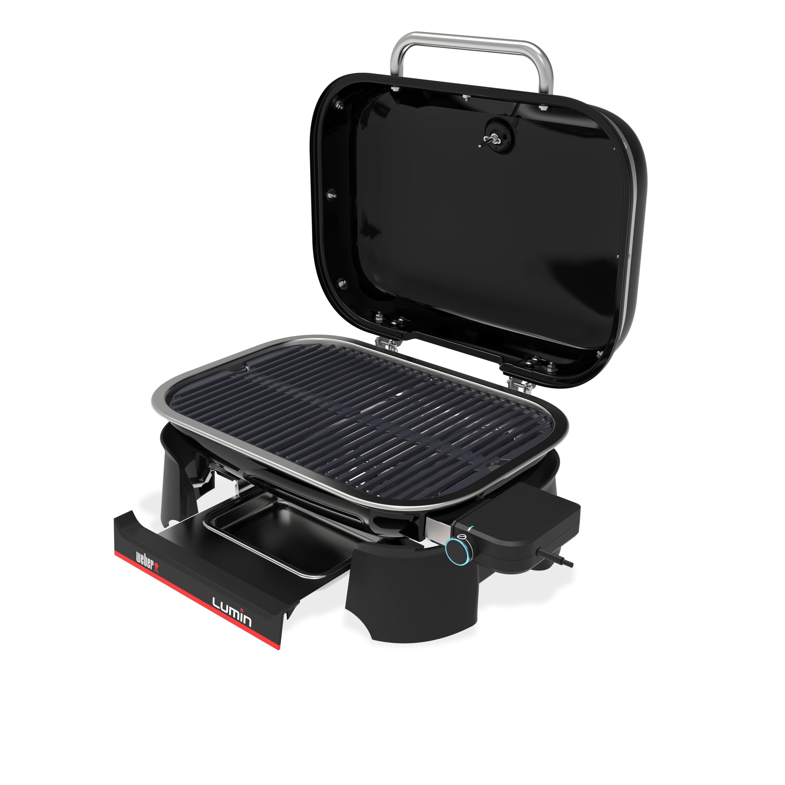 Weber Lumin Barbacoa eléctrica, hasta 315 °C, con termómetro Integrado en la Tapa, Parrillas de Hierro esmaltado, Superficie de cocción de 33 x 49 cm, Negro (1502045)