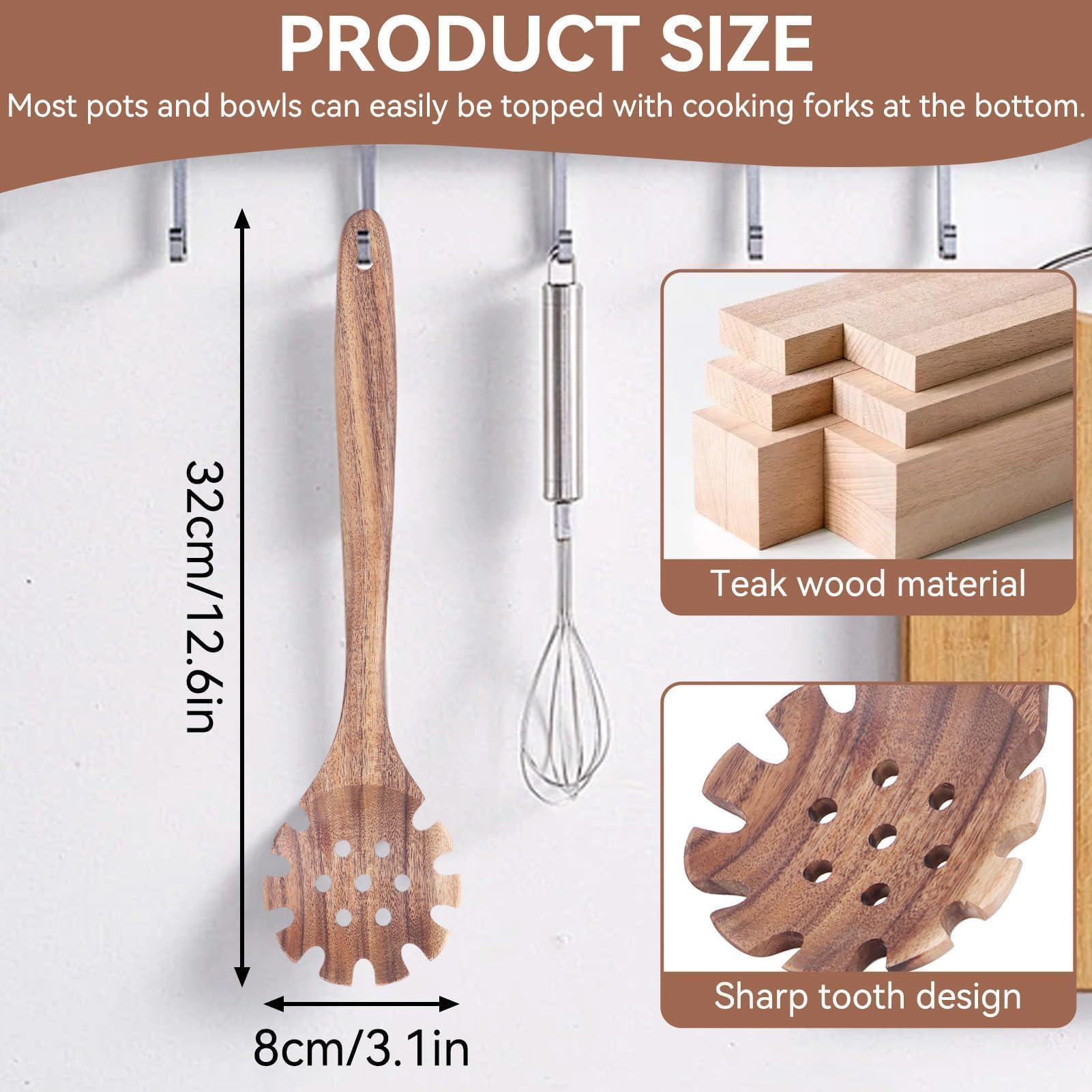 2Pcs Forchetta per Pasta in Legno, Cucchiaio per Pasta Server Cucchiaio per Spaghetti con Denti Cucchiaio per Pasta con Intaglio Cucchiaio per Sollevamento Pasta per Scolapasta per Spaghetti