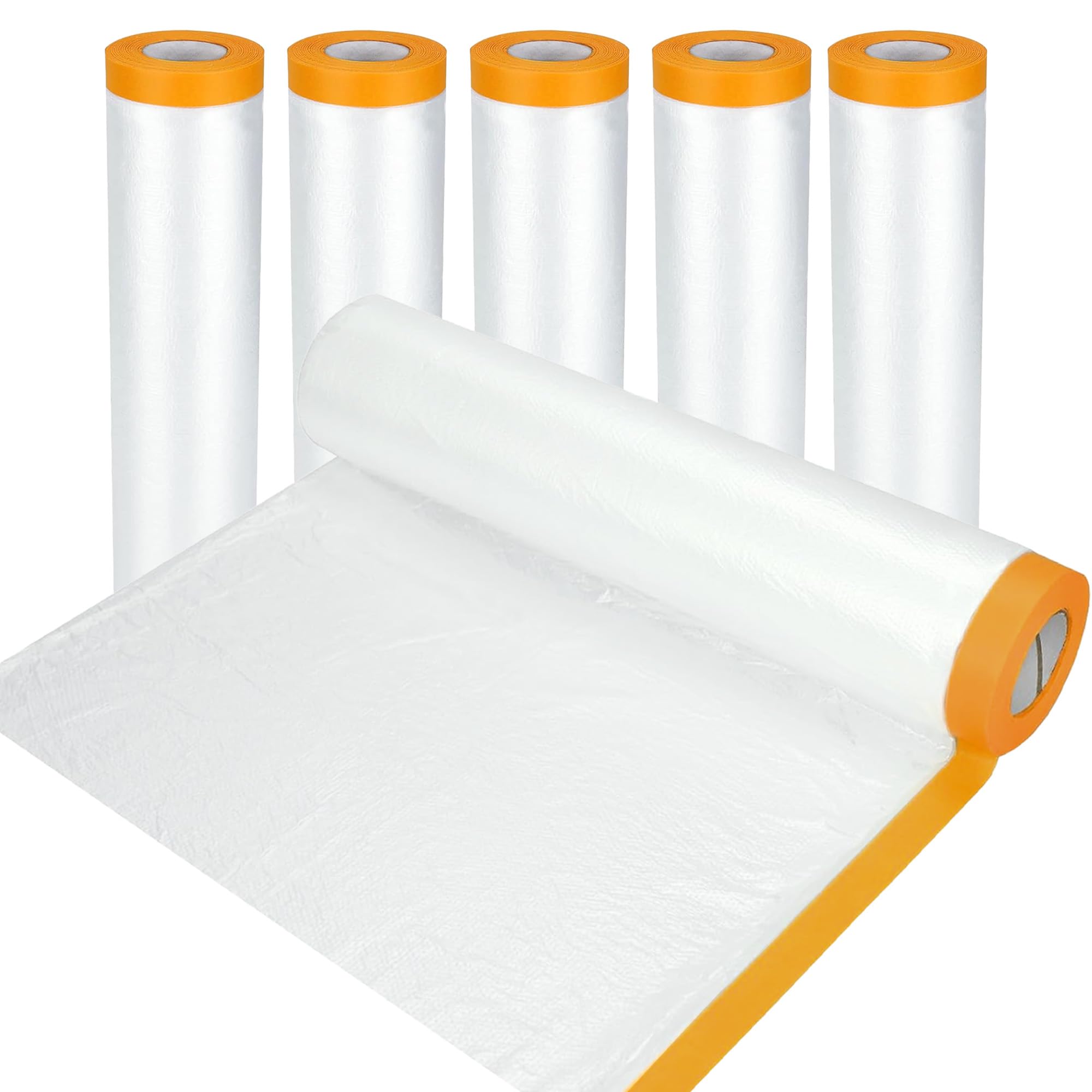 JIODEKEYI 5 Rolls Plastic Dust Sheets for Decorating: 2.7M x 20M Masking Film with Self-Adhesive Tape Waterproof Transparent Plastic Dust Sheet for Painting Furniture Floor Covering