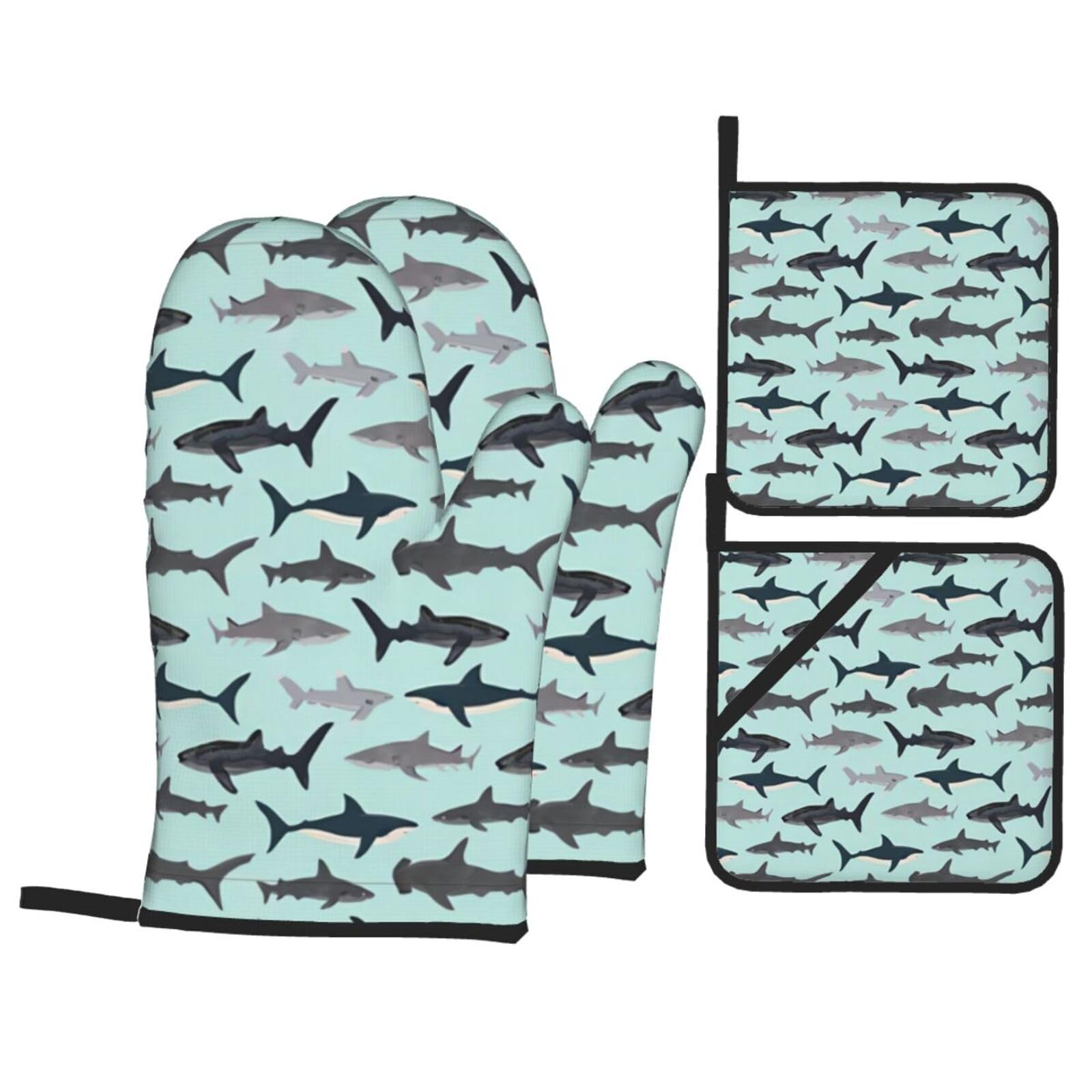 YYHHAOFA Shark Prints Kitchen Baking Set with Heat Resistant Pot Holders & Oven Mitts - Waterproof Layers for Cooking, Grilling & Serving, Includes Pocket Layer