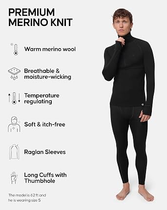 DANISH ENDURANCE Merino Wool Half Zip Base Layer Set Men, Top and Bottom Set