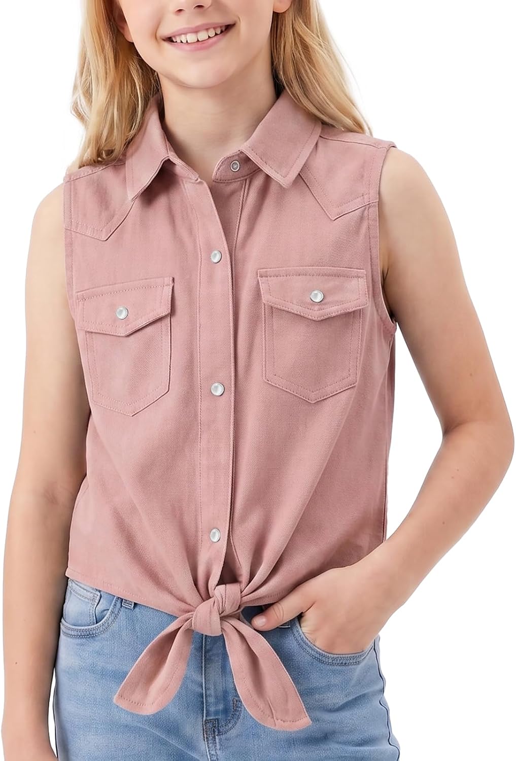 Spring&Gege Girls Denim Western Pearl Snap Shirt Sleeveless Cowgirl Tie Knot Crop Button Down Shirt Wrinkle Free Blouse Top