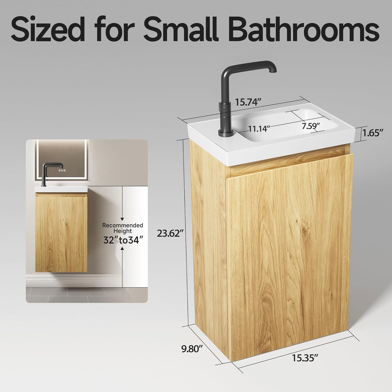 16" Japandi Floating Bathroom Vanity with Sink, Pre-Assembled Wall-Mounted Bathroom Vanity, Narrow Bathroom Vanity 10" D Solid Wood Vanity Cabinet, Engineered Stone Top, Soft-Close Hinge